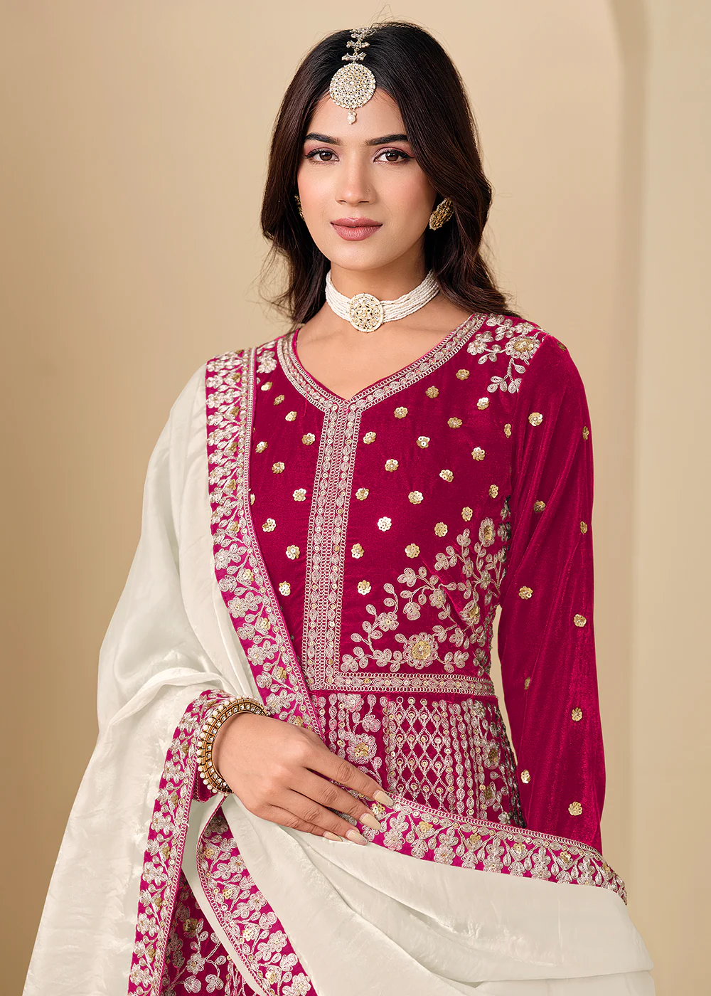 Velvet Pink Embroidered Wedding Party Anarkali Gown - Image 2