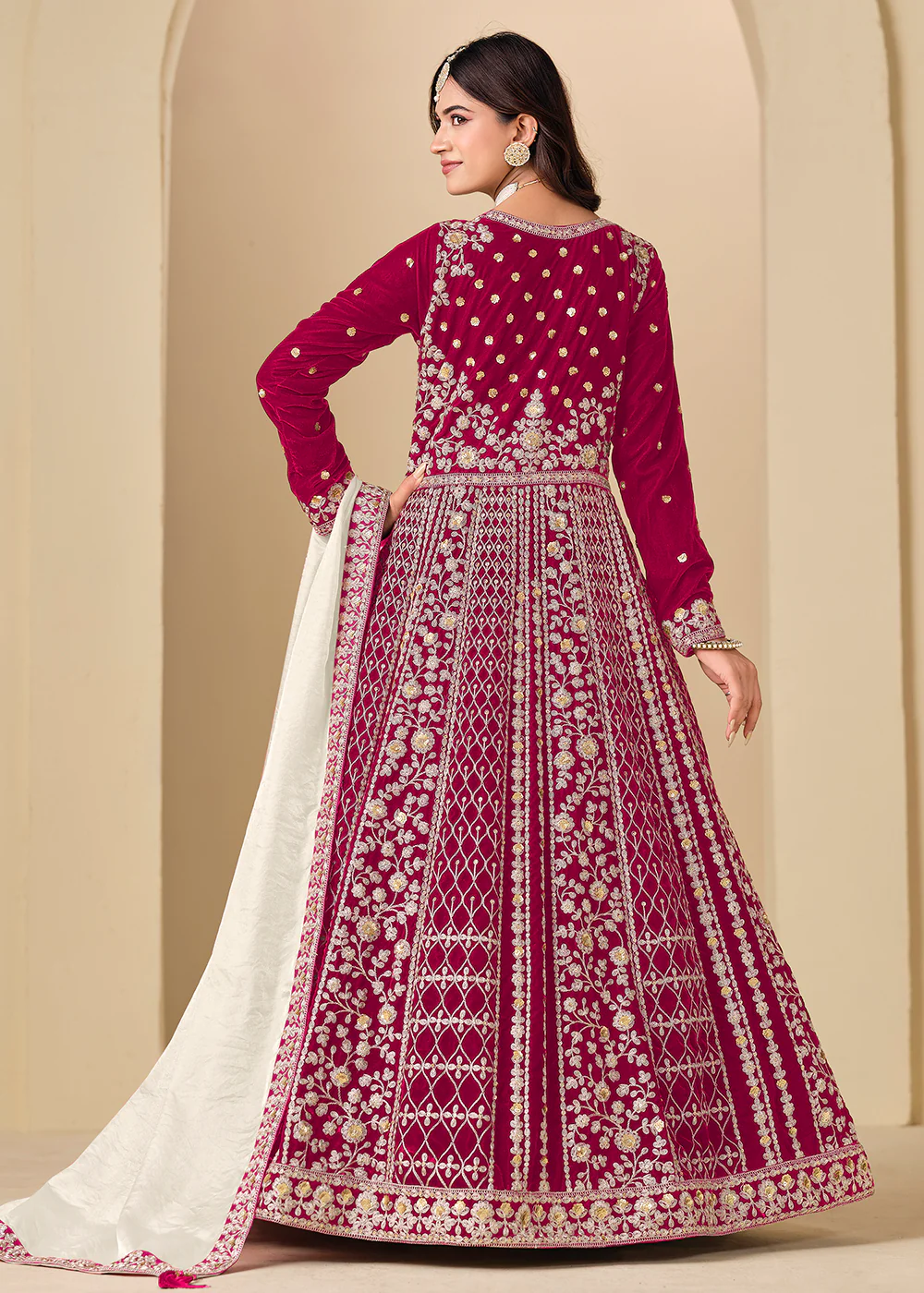 Velvet Pink Embroidered Wedding Party Anarkali Gown - Image 3