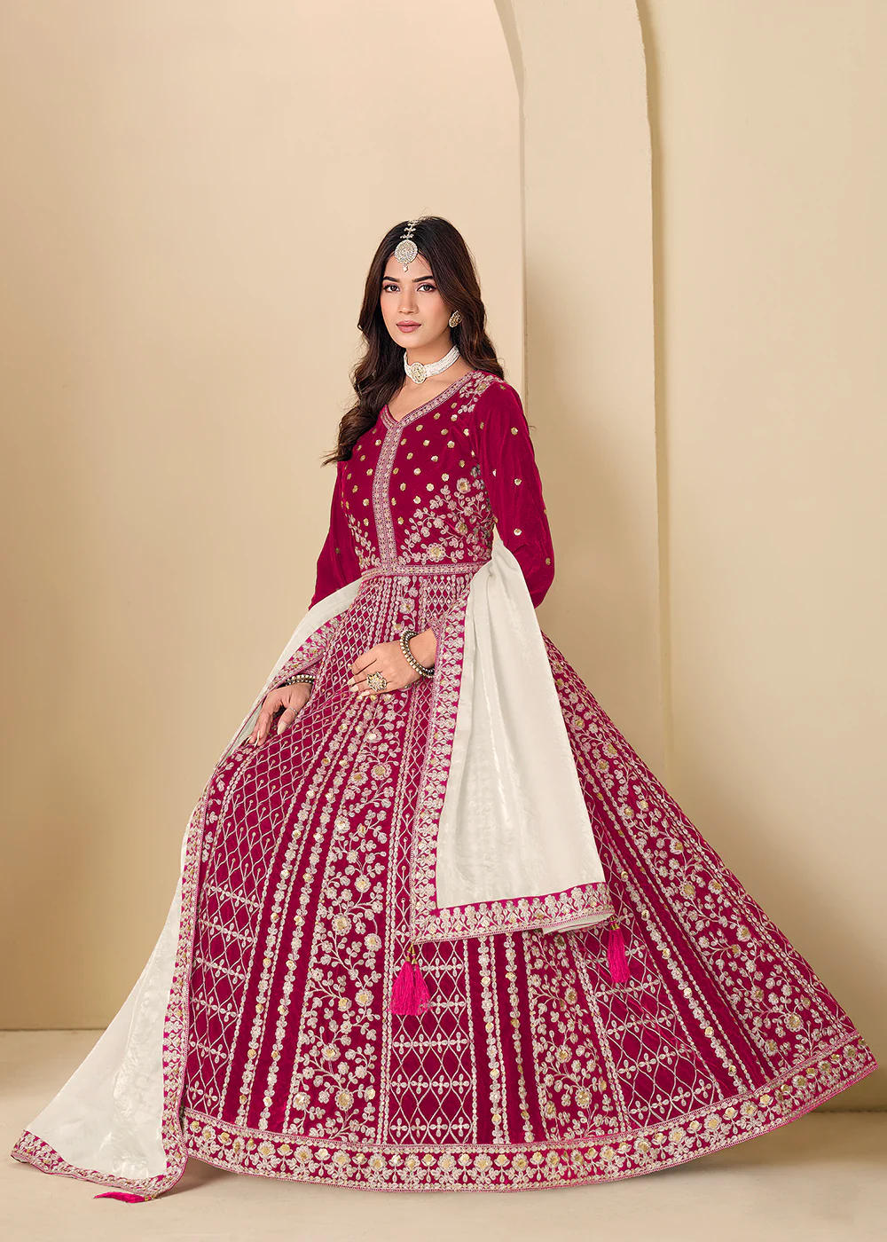 Velvet Pink Embroidered Wedding Party Anarkali Gown - Image 4