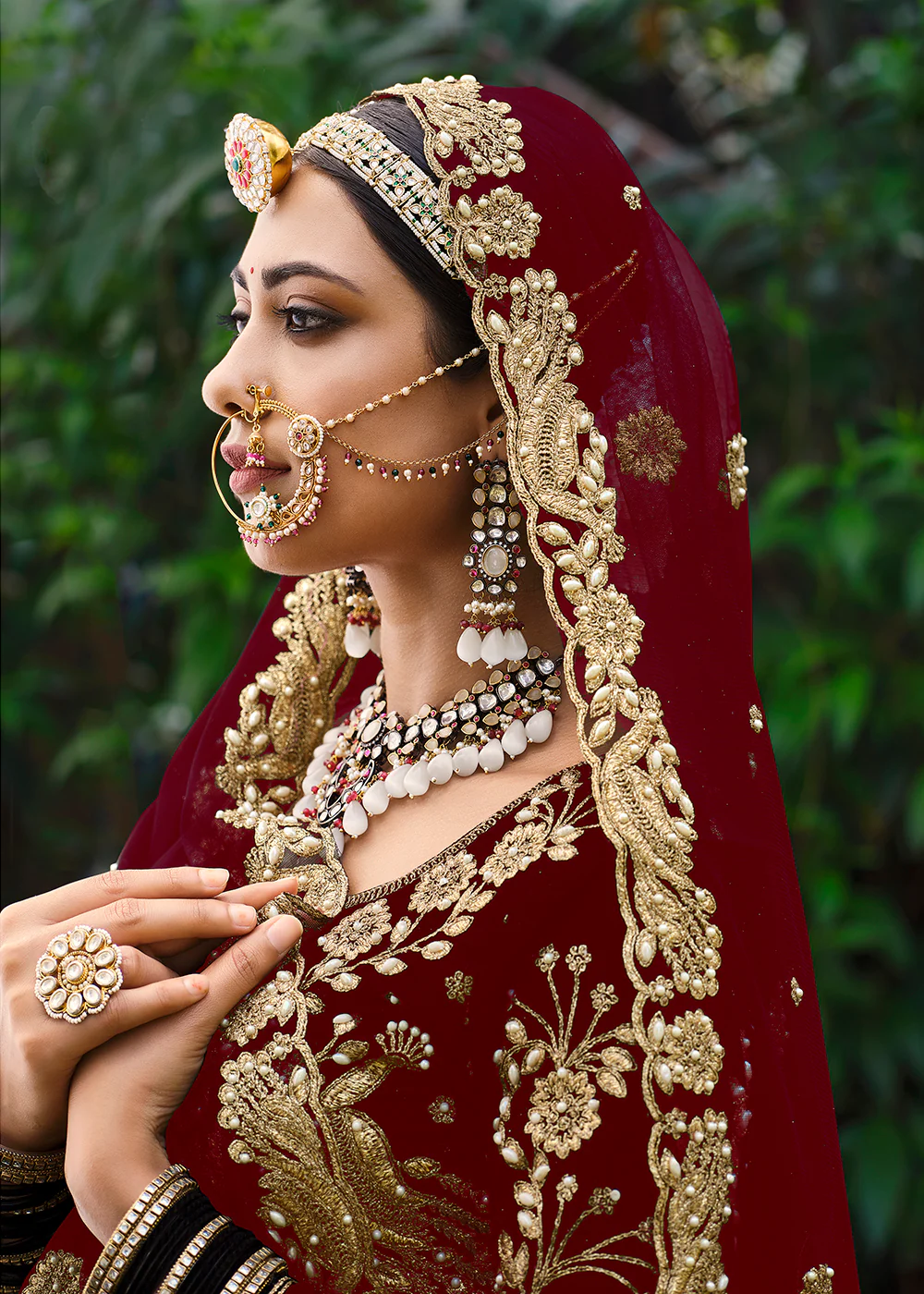 Velvet Radiant Maroon Stone Cording Bridal Style Lehenga Choli - Image 2