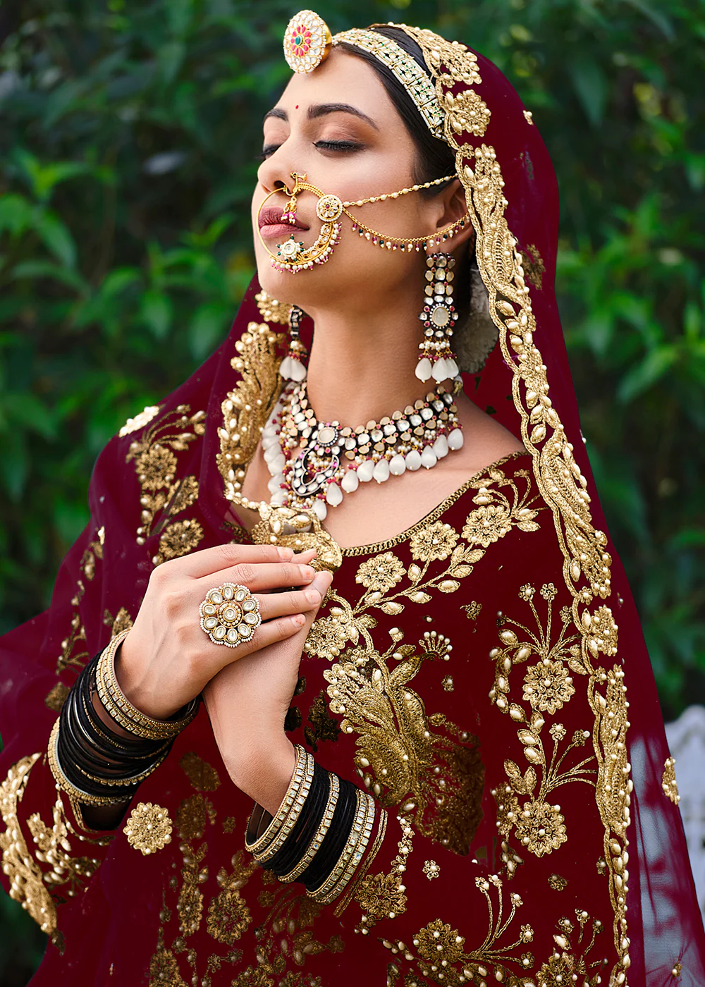 Velvet Radiant Maroon Stone Cording Bridal Style Lehenga Choli - Image 3