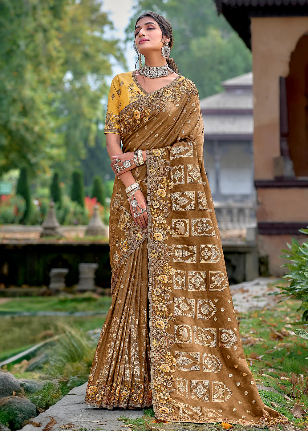 Vibrant Brown Embroidered Silk Wedding Wear Contemporary Saree