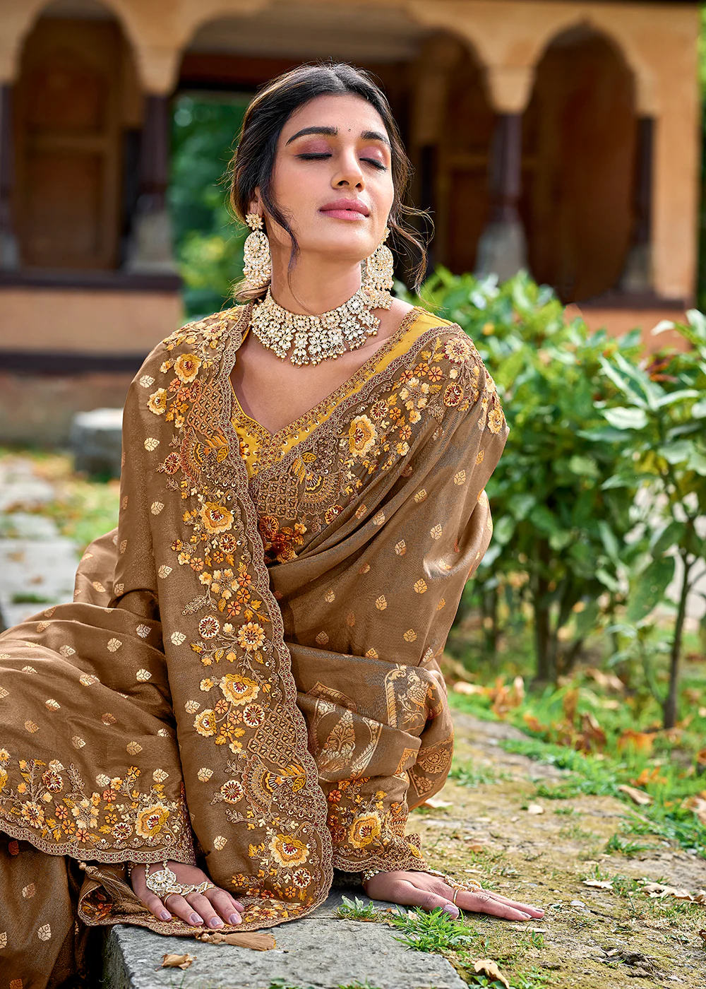 Vibrant Brown Embroidered Silk Wedding Wear Contemporary Saree - Image 3