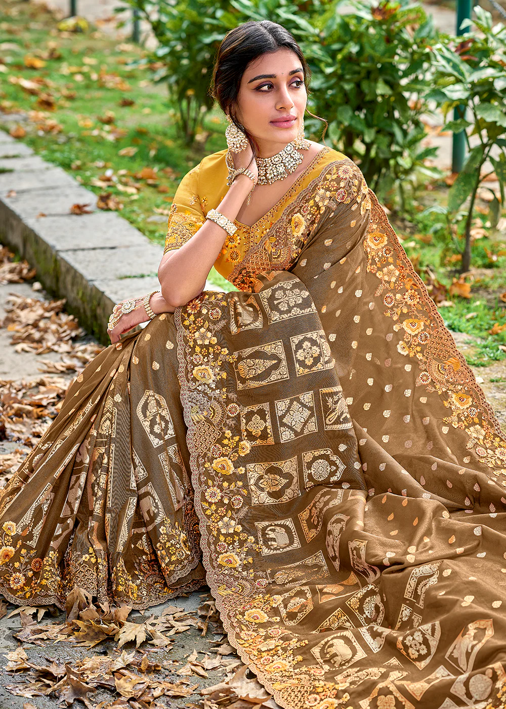 Vibrant Brown Embroidered Silk Wedding Wear Contemporary Saree - Image 4