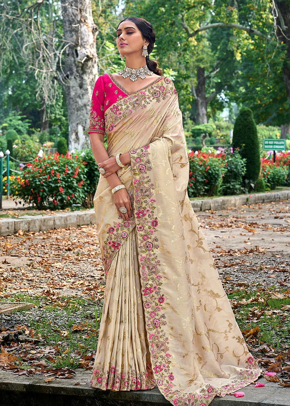Vibrant Cream Embroidered Silk Wedding Wear Contemporary Saree