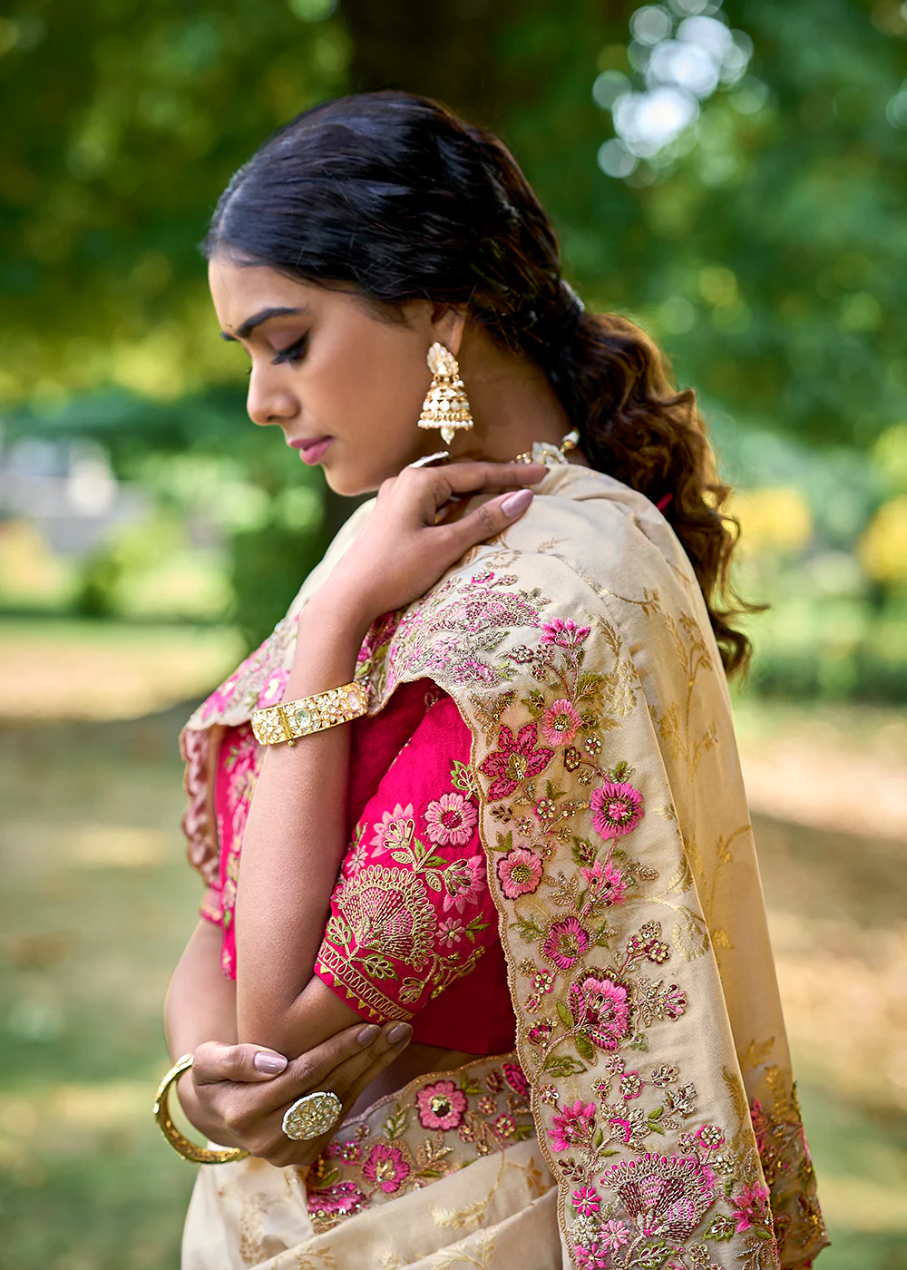 Vibrant Cream Embroidered Silk Wedding Wear Contemporary Saree - Image 5