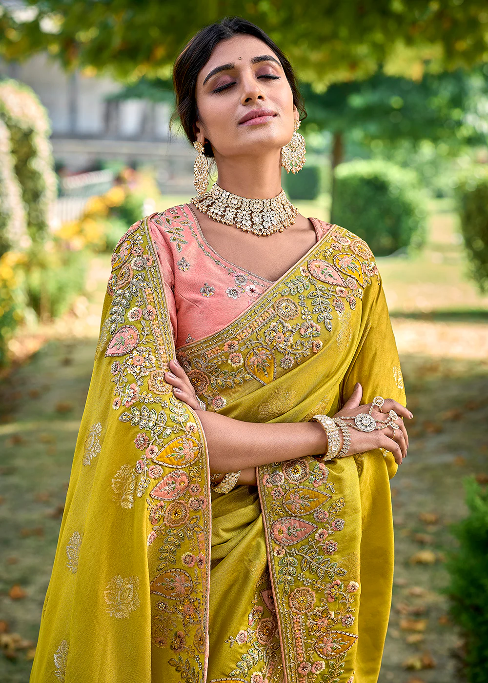 Vibrant Green Embroidered Silk Wedding Wear Contemporary Saree - Image 2