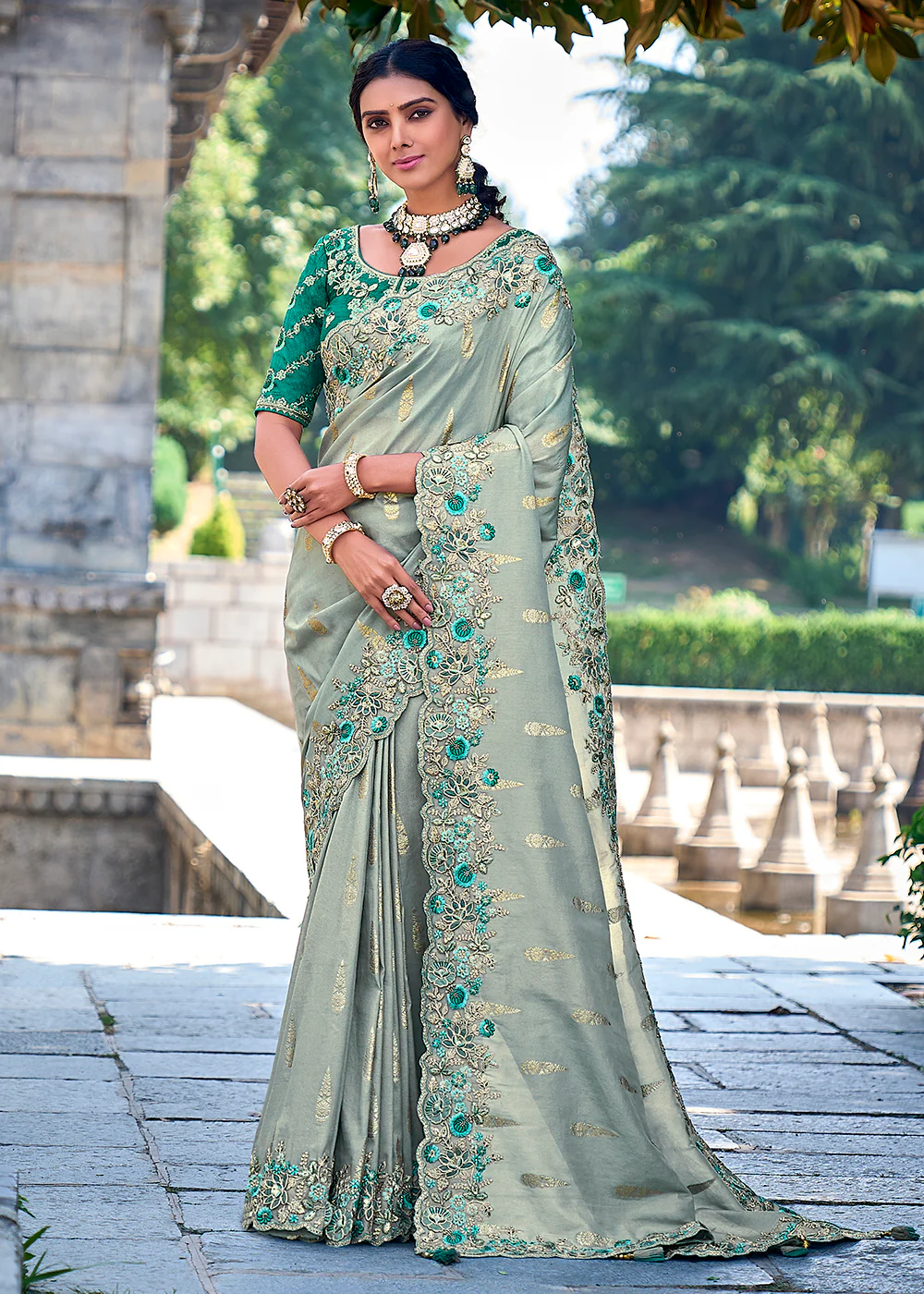 Vibrant Greyish Green Embroidered Silk Wedding Wear Contemporary Saree
