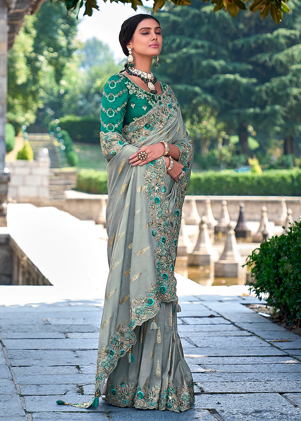 Vibrant Greyish Green Embroidered Silk Wedding Wear Contemporary Saree - Image 3