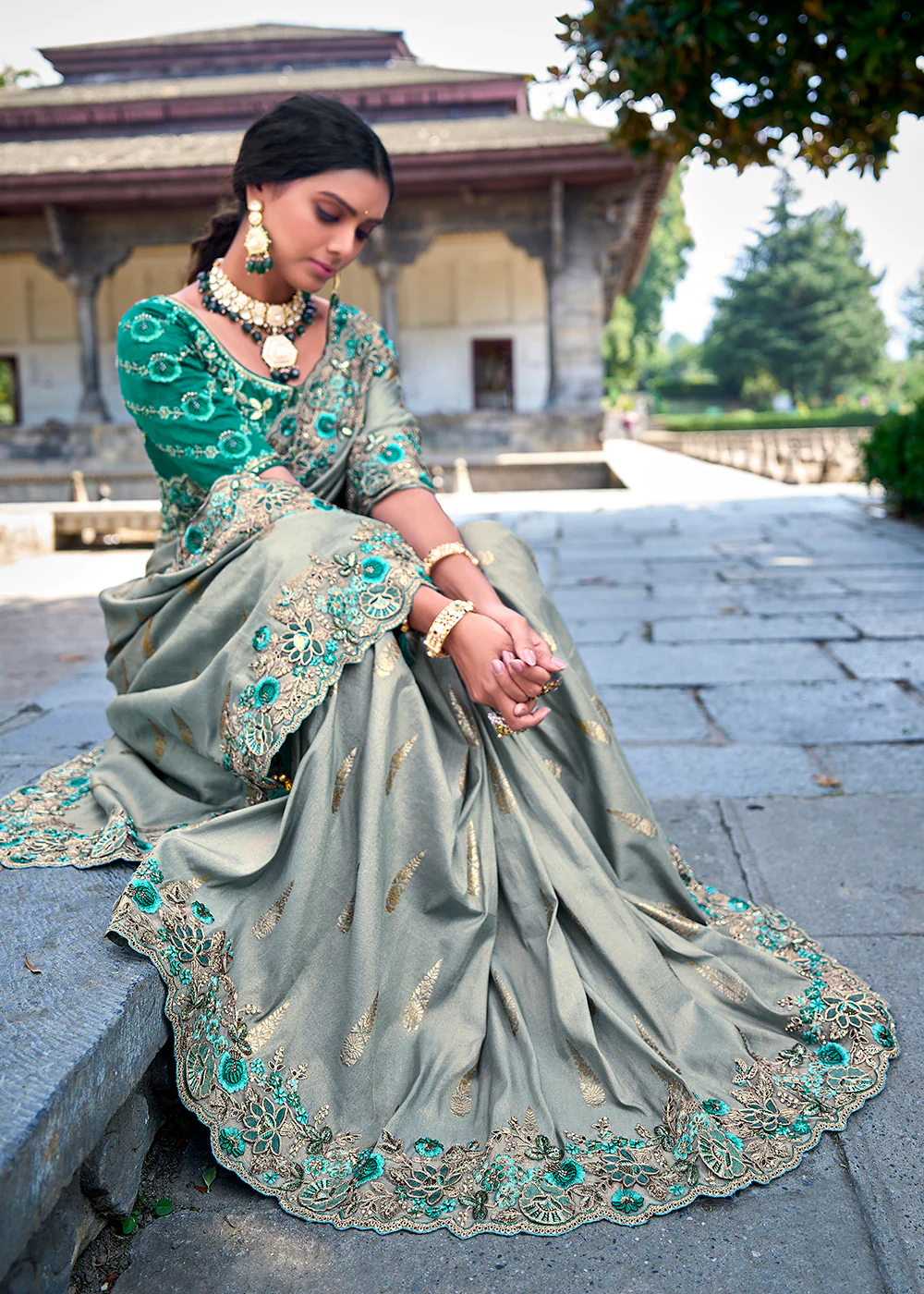 Vibrant Greyish Green Embroidered Silk Wedding Wear Contemporary Saree - Image 4