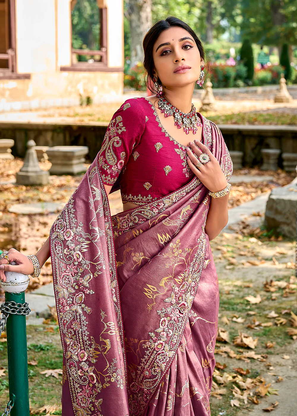 Vibrant Mauve Embroidered Silk Wedding Wear Contemporary Saree - Image 2