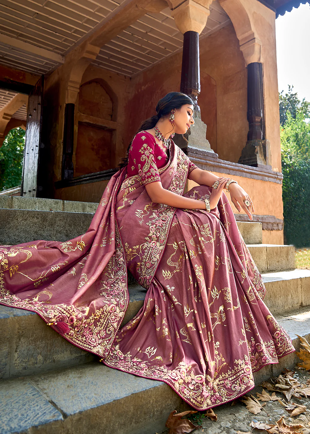 Vibrant Mauve Embroidered Silk Wedding Wear Contemporary Saree - Image 3