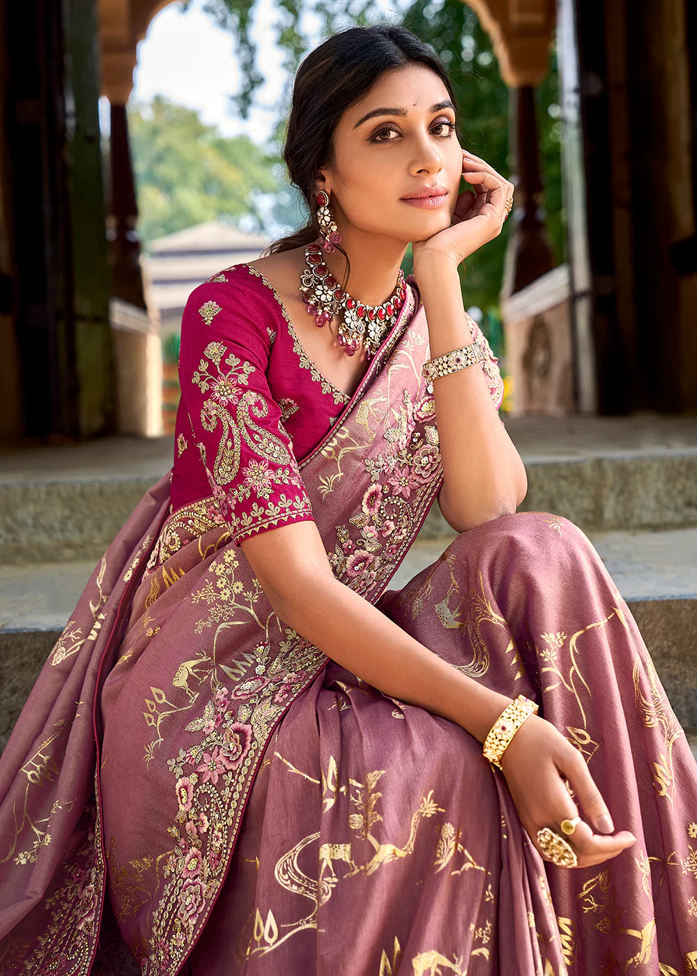 Vibrant Mauve Embroidered Silk Wedding Wear Contemporary Saree - Image 4