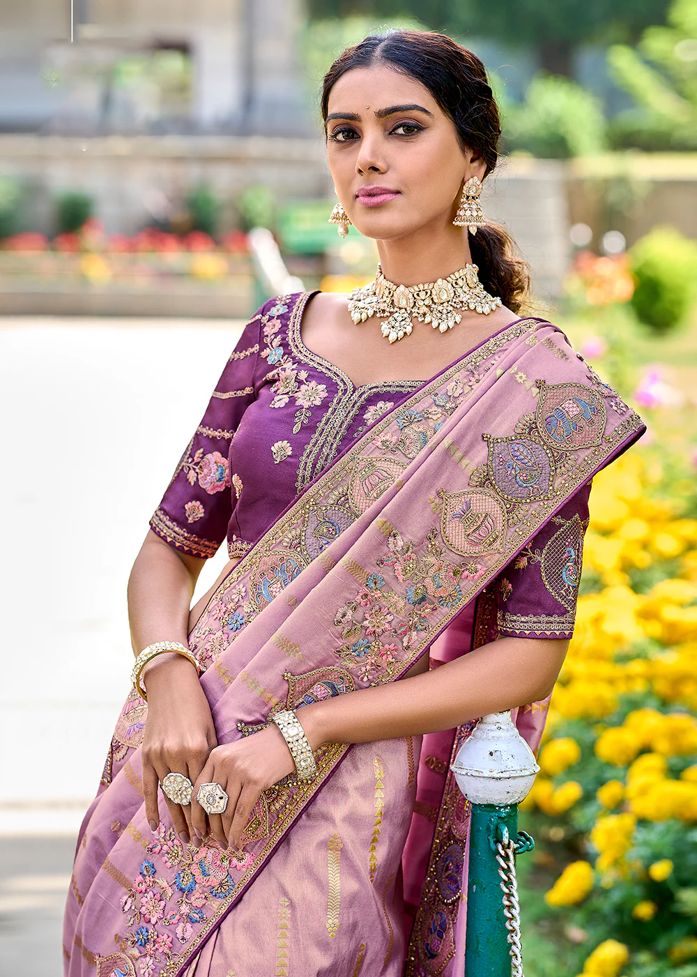 Vibrant Pink Embroidered Silk Wedding Wear Contemporary Saree - Image 2