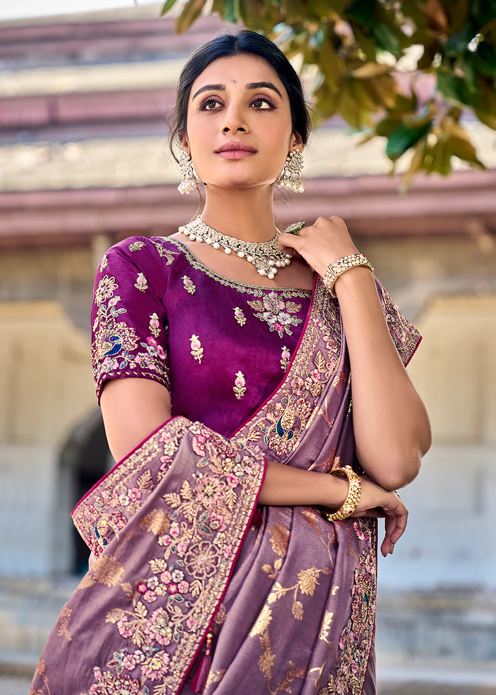 Vibrant Purple Embroidered Silk Wedding Wear Contemporary Saree - Image 2