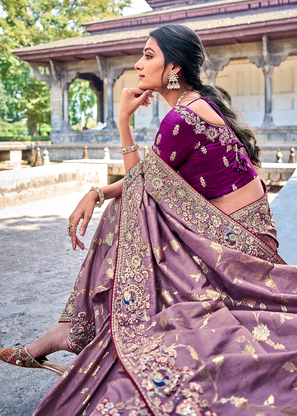 Vibrant Purple Embroidered Silk Wedding Wear Contemporary Saree - Image 3