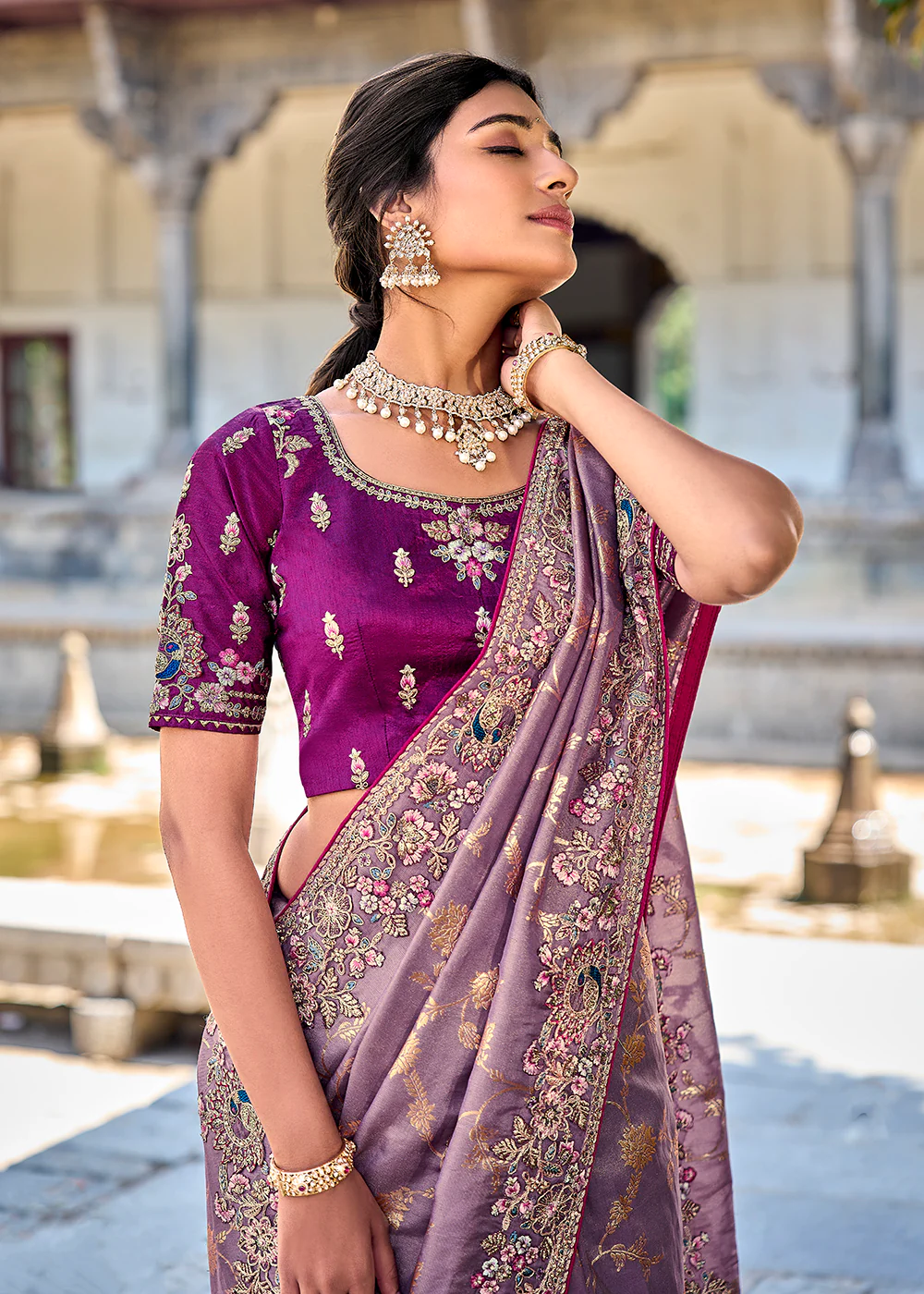 Vibrant Purple Embroidered Silk Wedding Wear Contemporary Saree - Image 4