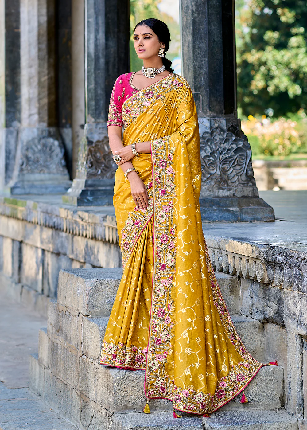 Vibrant Yellow Embroidered Silk Wedding Wear Contemporary Saree