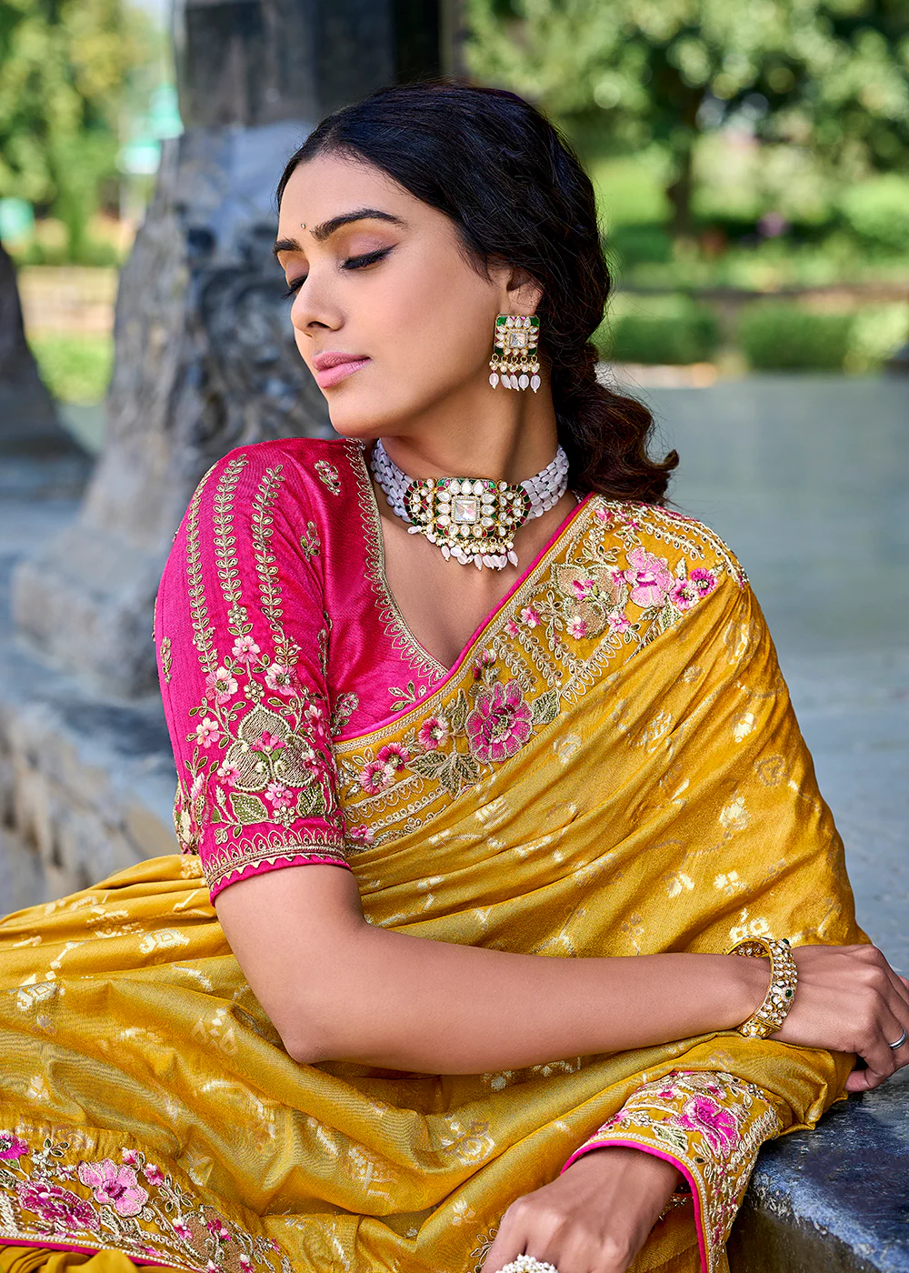 Vibrant Yellow Embroidered Silk Wedding Wear Contemporary Saree - Image 2