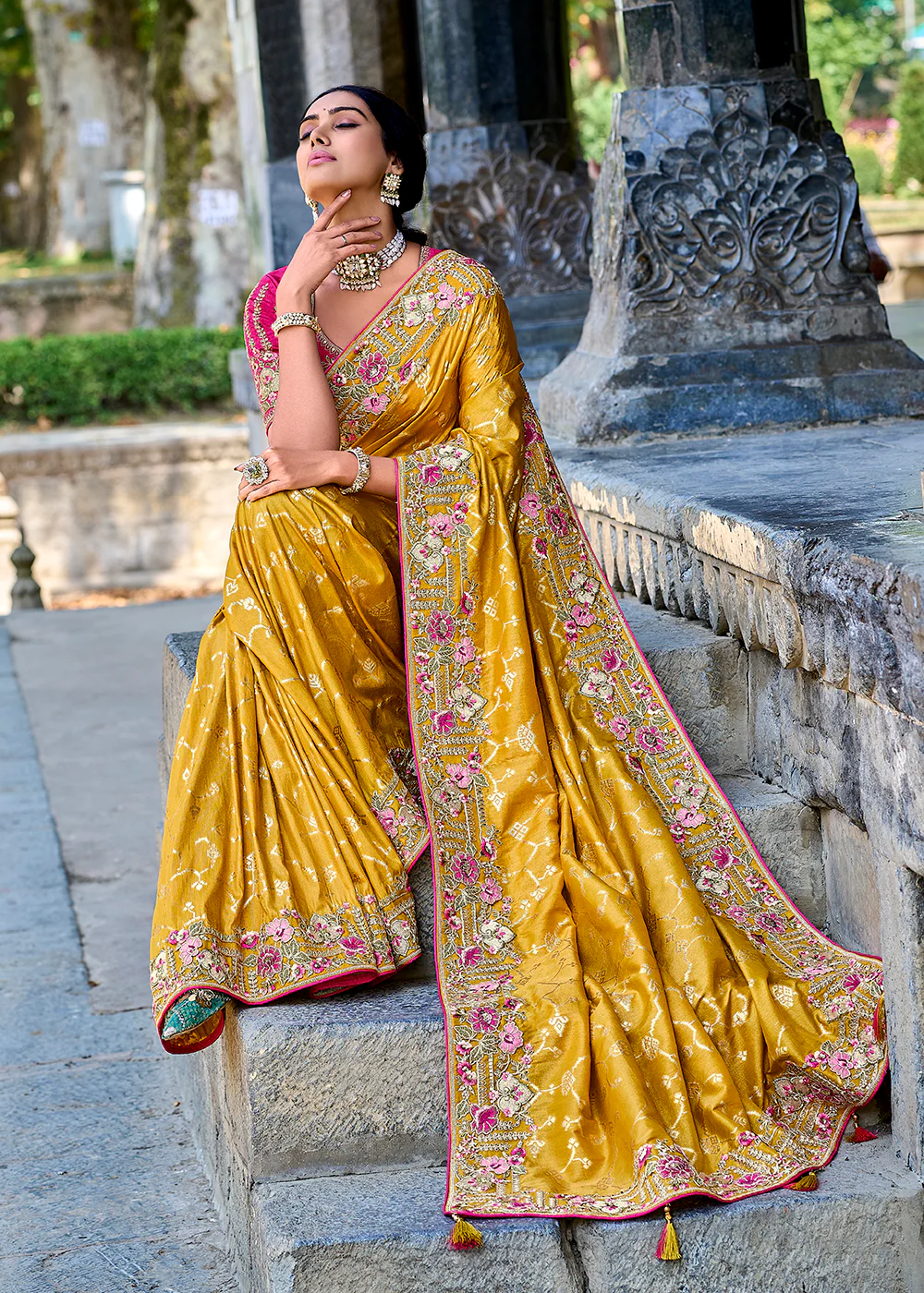 Vibrant Yellow Embroidered Silk Wedding Wear Contemporary Saree - Image 3