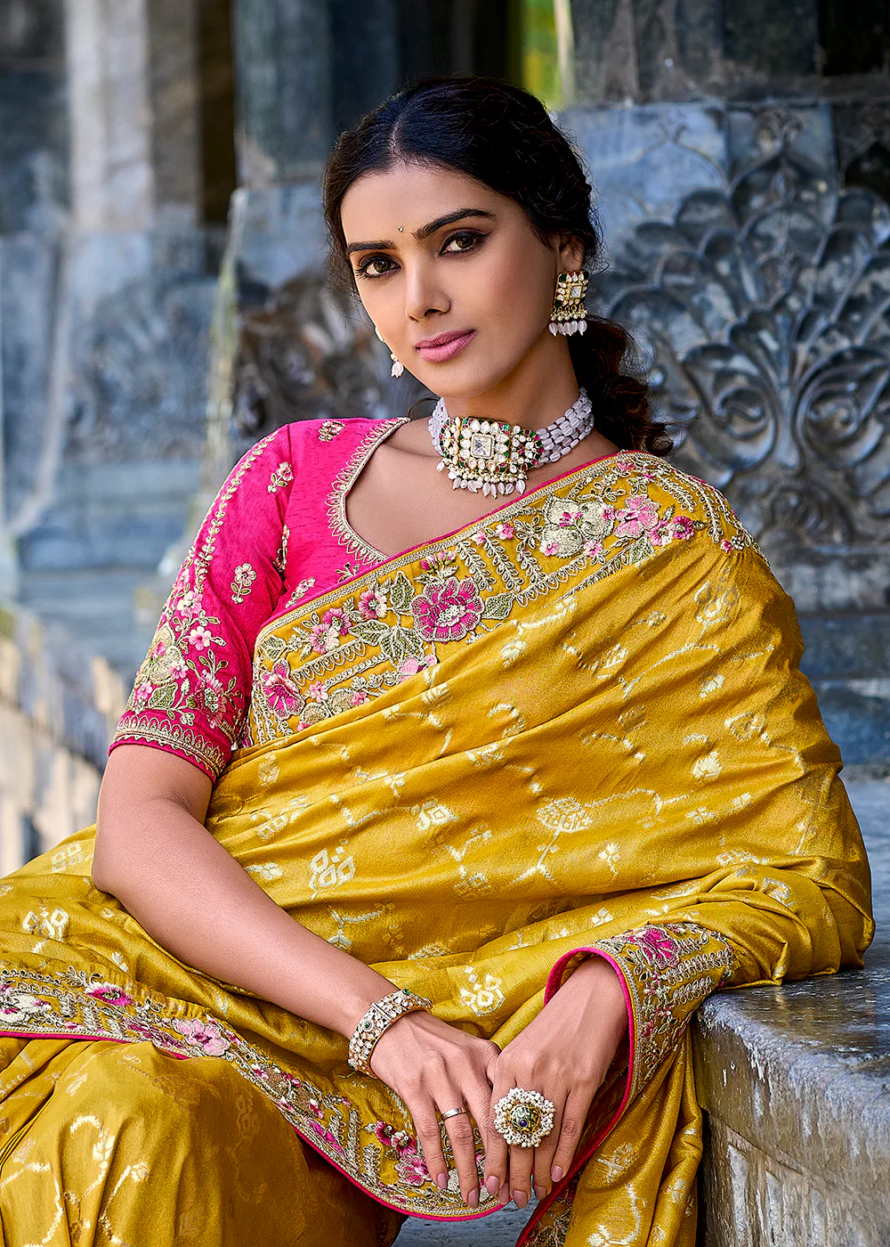 Vibrant Yellow Embroidered Silk Wedding Wear Contemporary Saree - Image 4