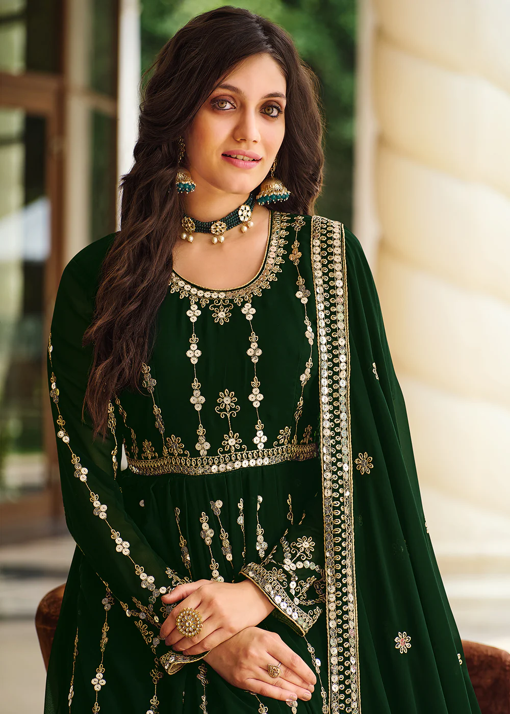 Vintage Dark Green Sequins Wedding Pant Style Anarkali - Image 2