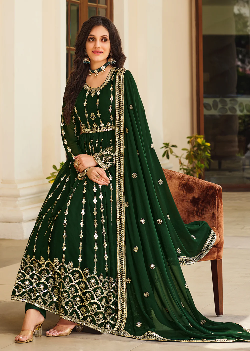 Vintage Dark Green Sequins Wedding Pant Style Anarkali - Image 3