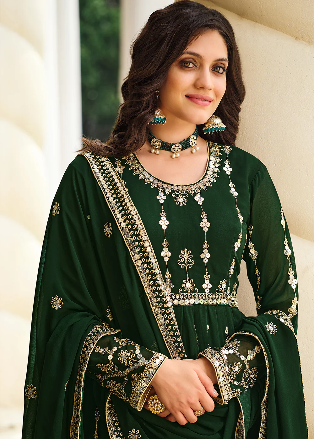 Vintage Dark Green Sequins Wedding Pant Style Anarkali - Image 4