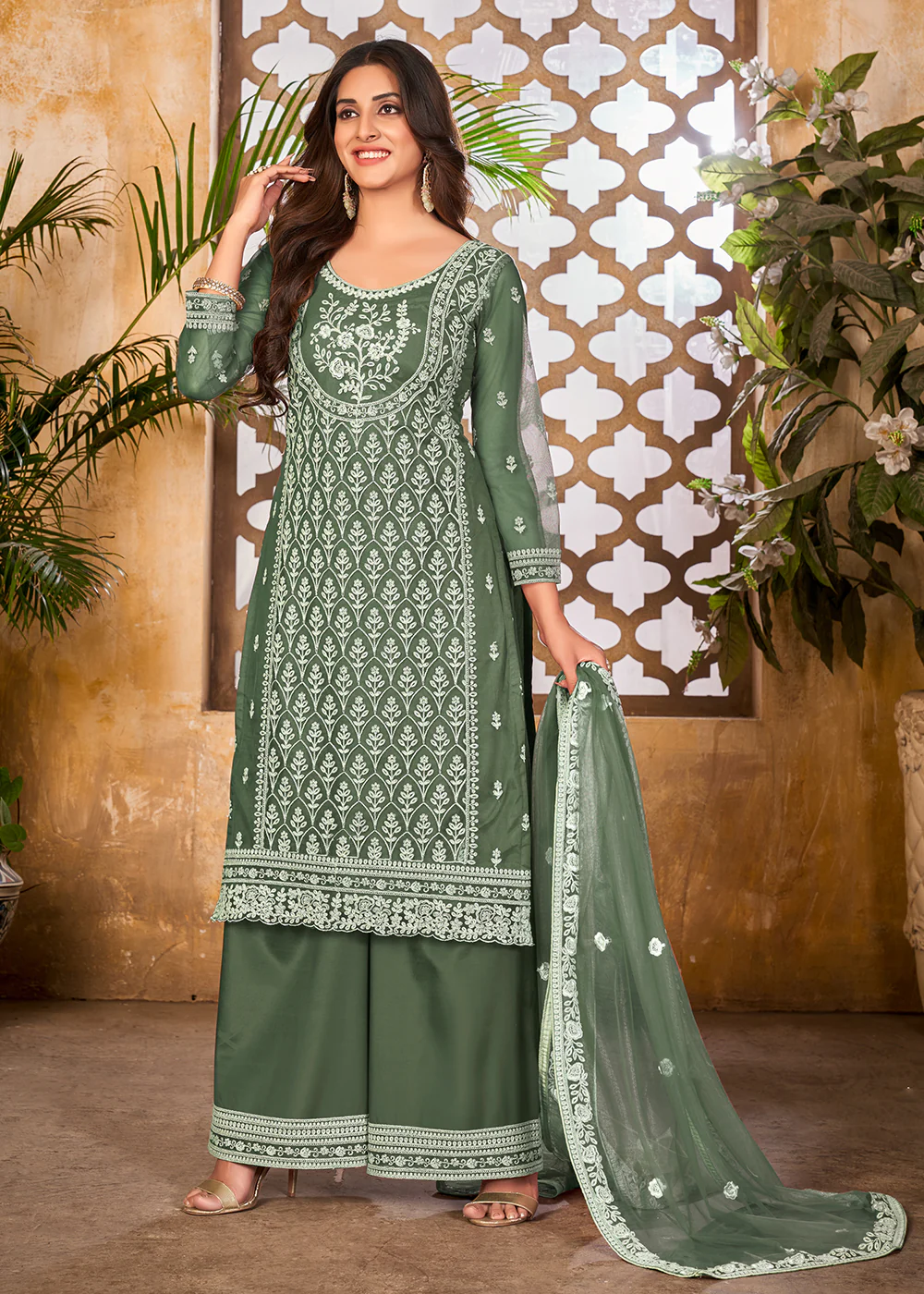Vintage Green Wedding Festive Pakistani Style Palazzo Suit