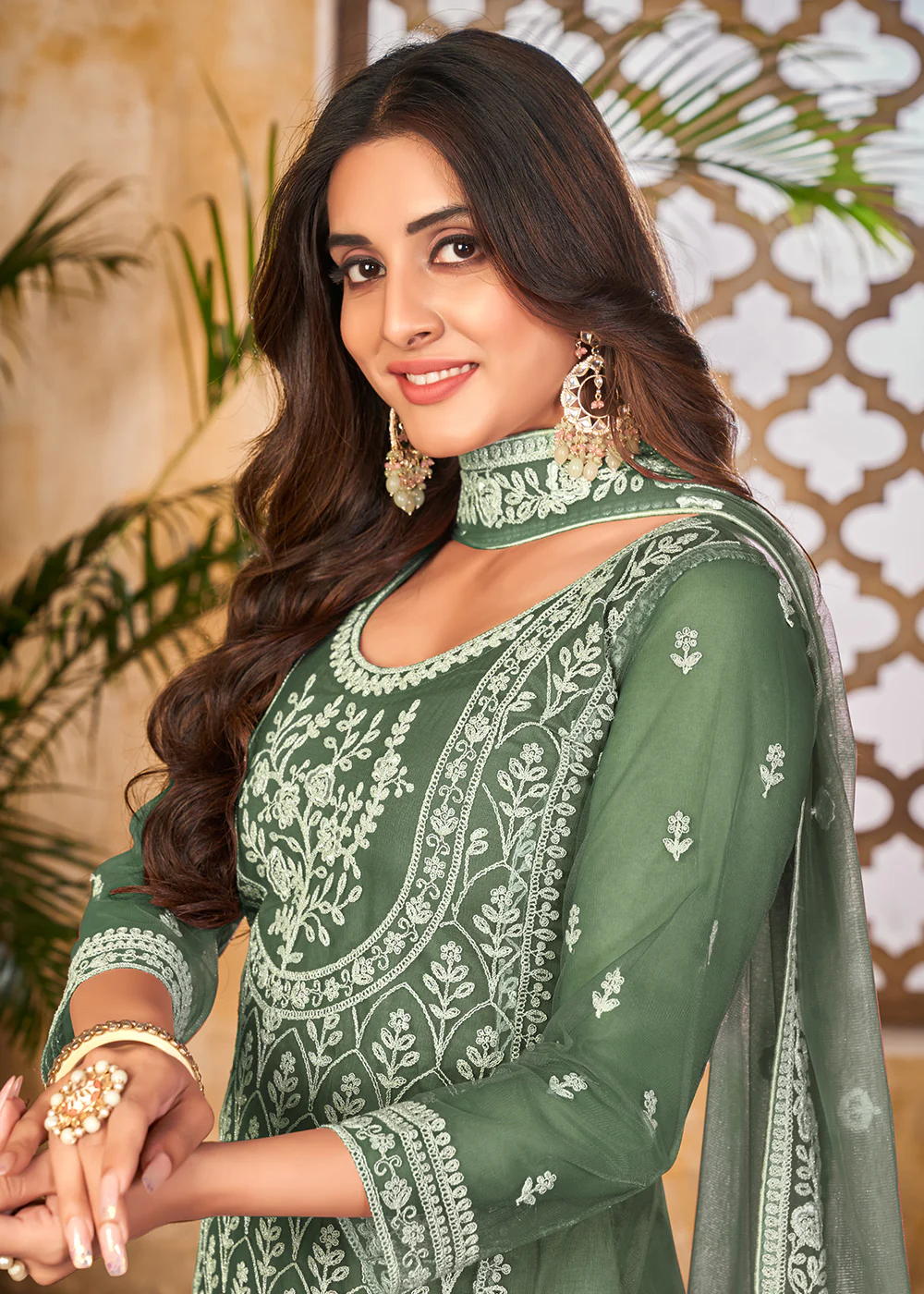 Vintage Green Wedding Festive Pakistani Style Palazzo Suit - Image 2