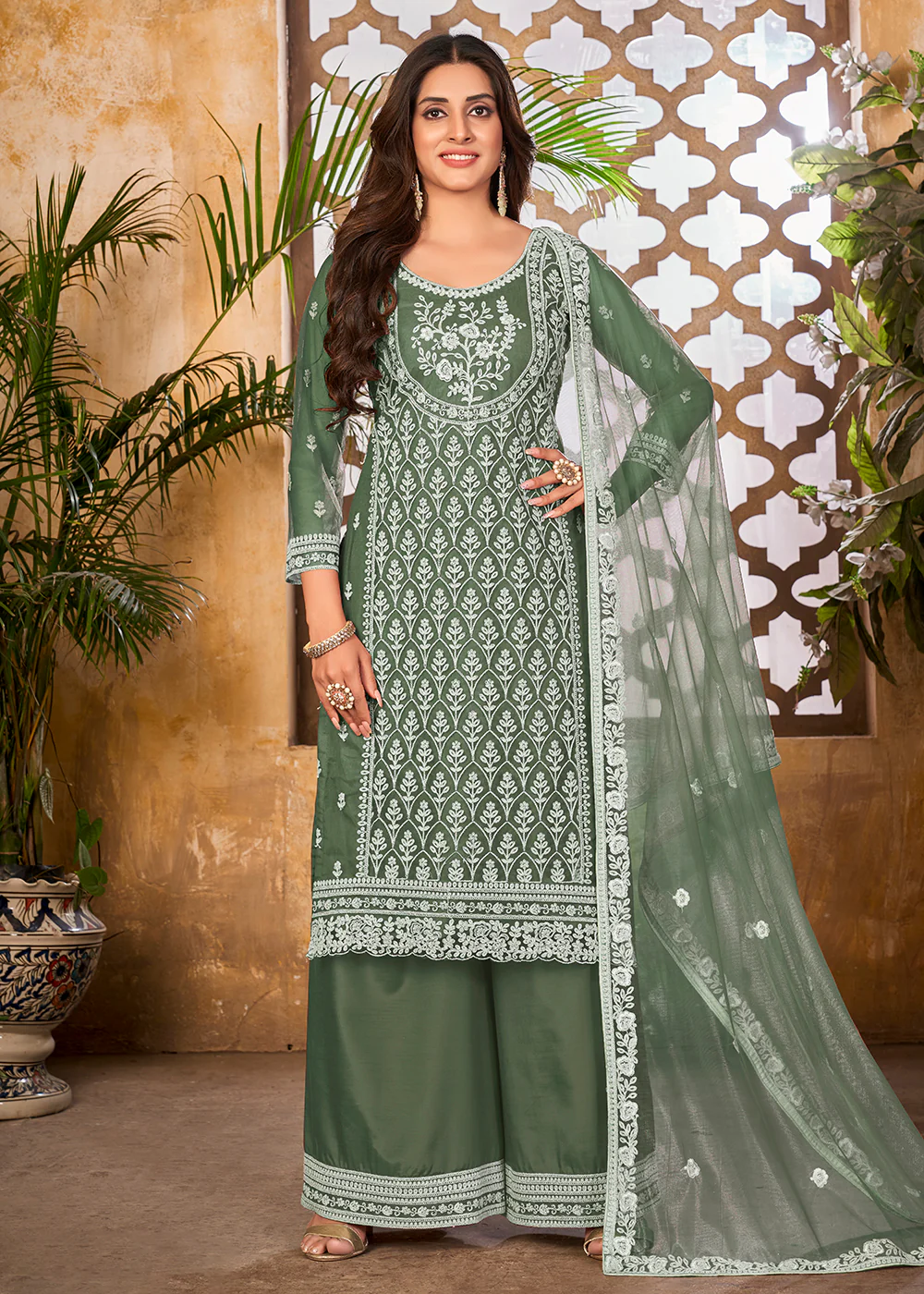 Vintage Green Wedding Festive Pakistani Style Palazzo Suit - Image 3
