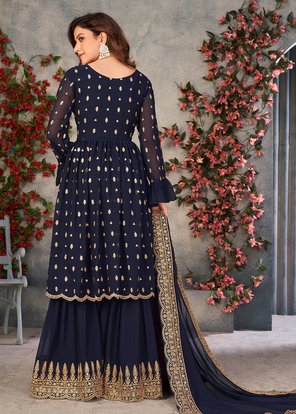 Vintage Navy Blue Georgette Sangeet Wear Sharara Suit - Image 3