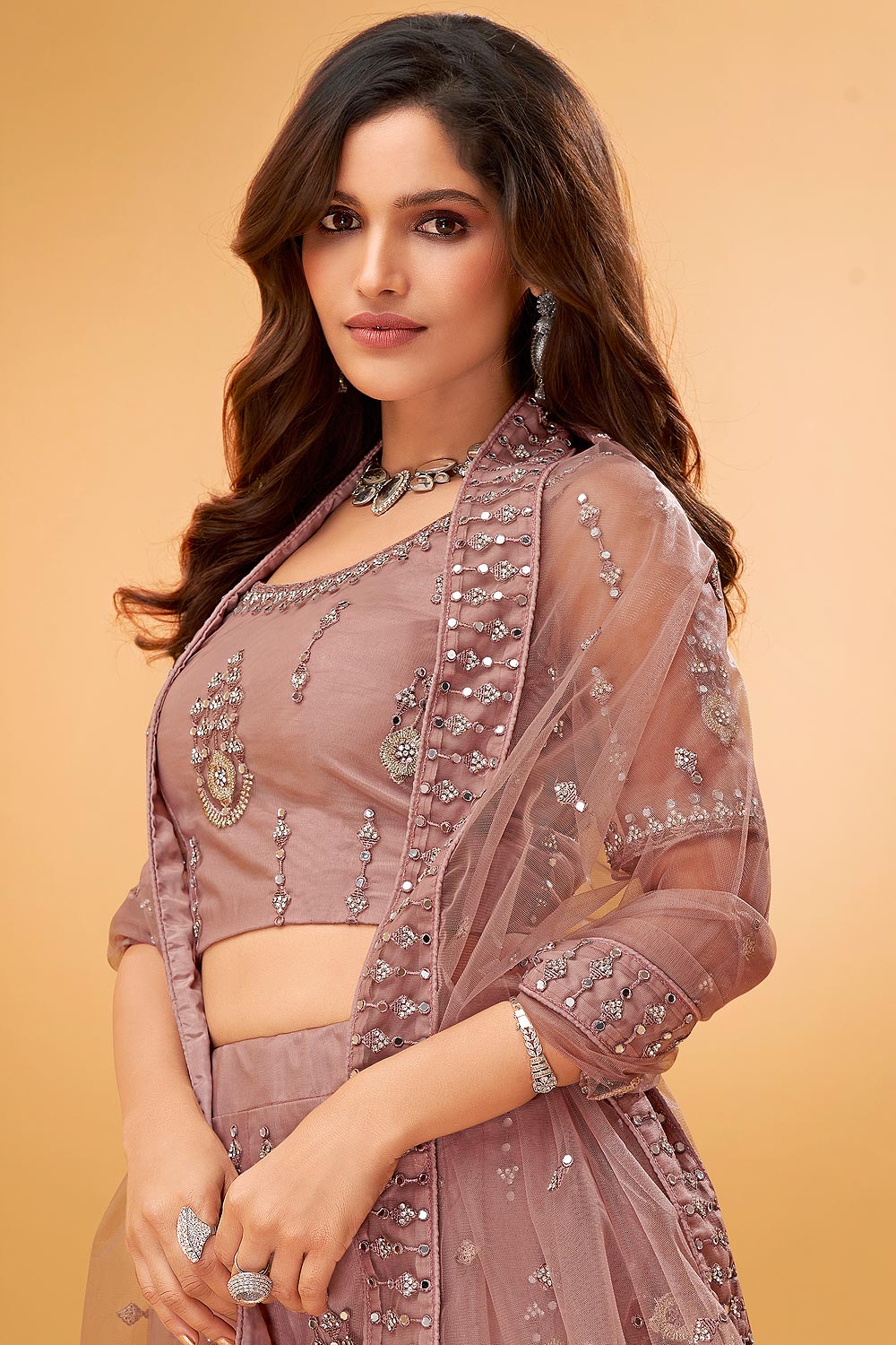 Vintage Rose Mirror Work Embroidered Wedding Lehenga - Image 2