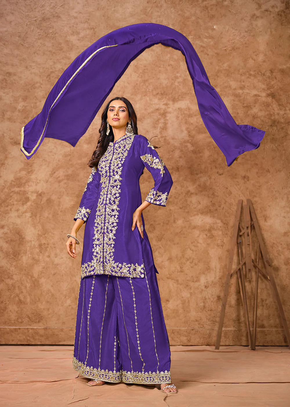 Violet Chinnon Silk Festive Embroidered Palazzo Style Suit - Image 3