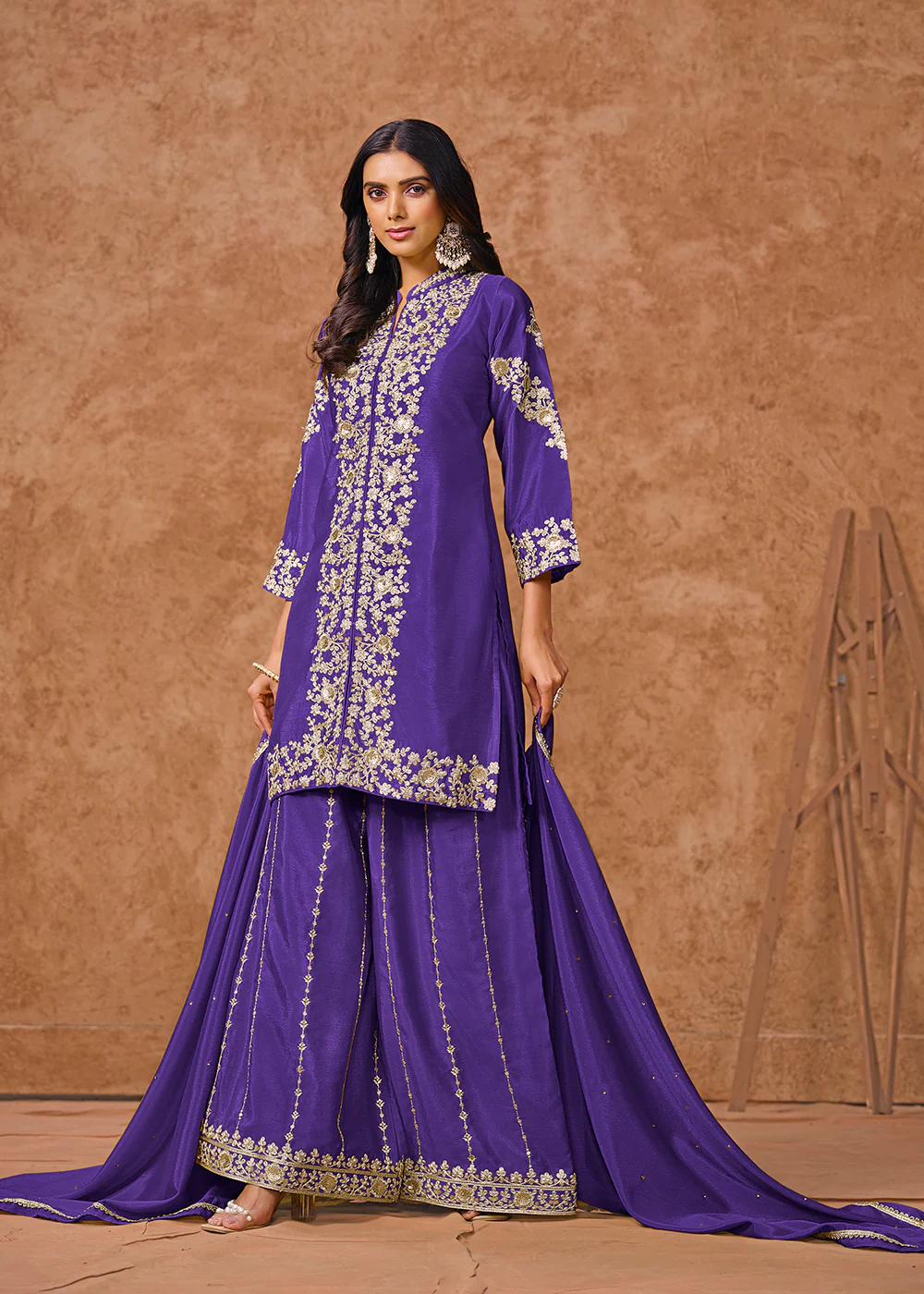 Violet Chinnon Silk Festive Embroidered Palazzo Style Suit - Image 4