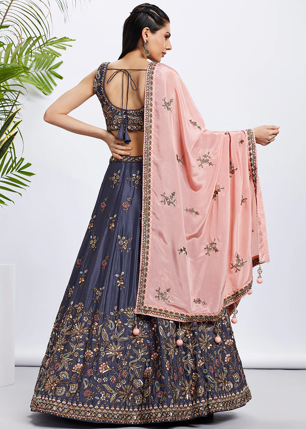 Violet Pure Chiffon Sequins & Thread Designer Lehenga Choli - Image 3