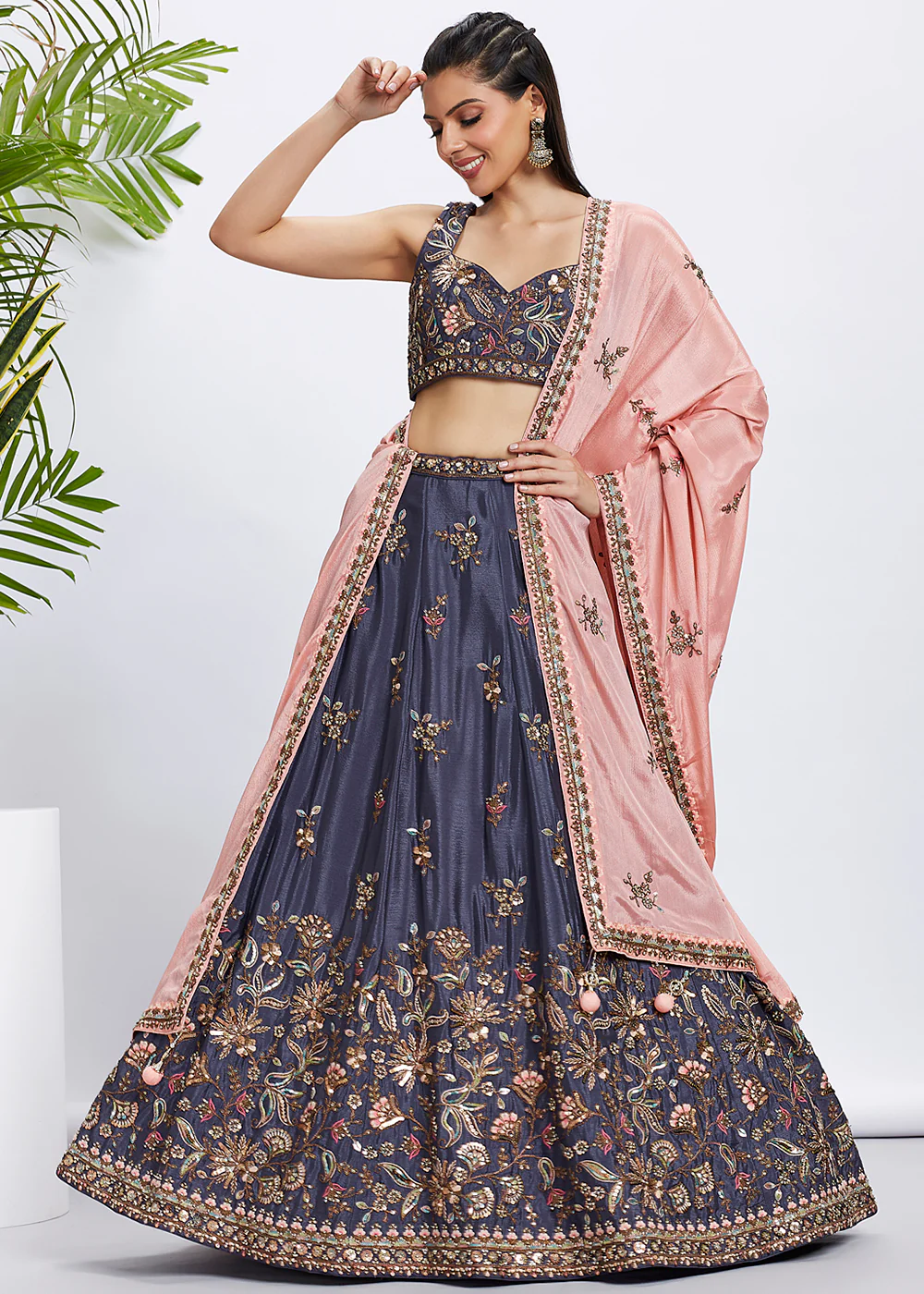 Violet Pure Chiffon Sequins & Thread Designer Lehenga Choli - Image 4