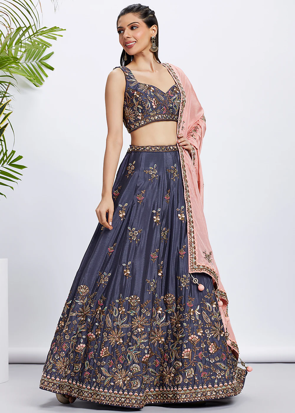 Violet Pure Chiffon Sequins & Thread Designer Lehenga Choli - Image 5