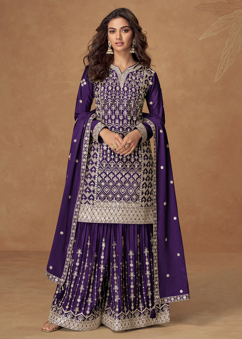Violet Purple Chinnon Silk Embroidered Palazzo Suit