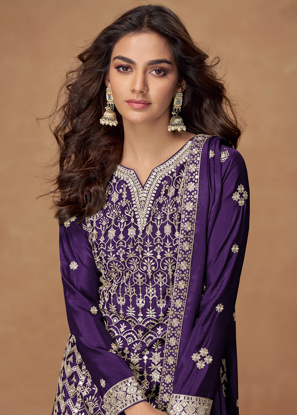 Violet Purple Chinnon Silk Embroidered Palazzo Suit - Image 2