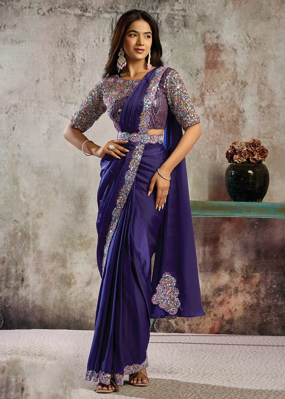Violet Purple Designer Party Wear Pre Draped Saree