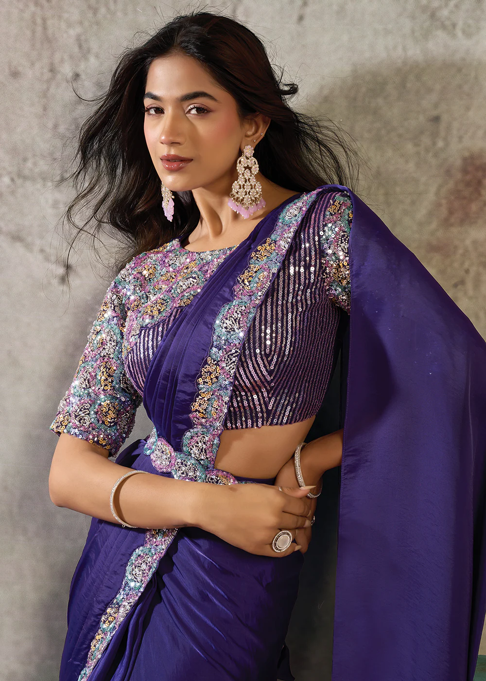 Violet Purple Designer Party Wear Pre Draped Saree - Image 2