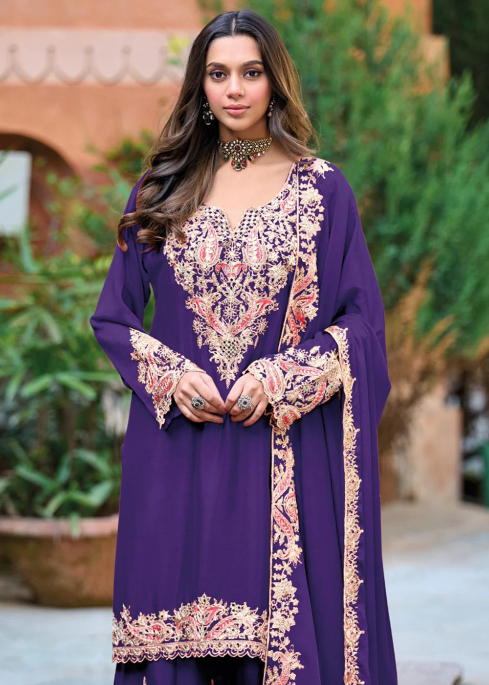 Violet Purple Embroidered Chinnon Palazzo Suit - Image 2