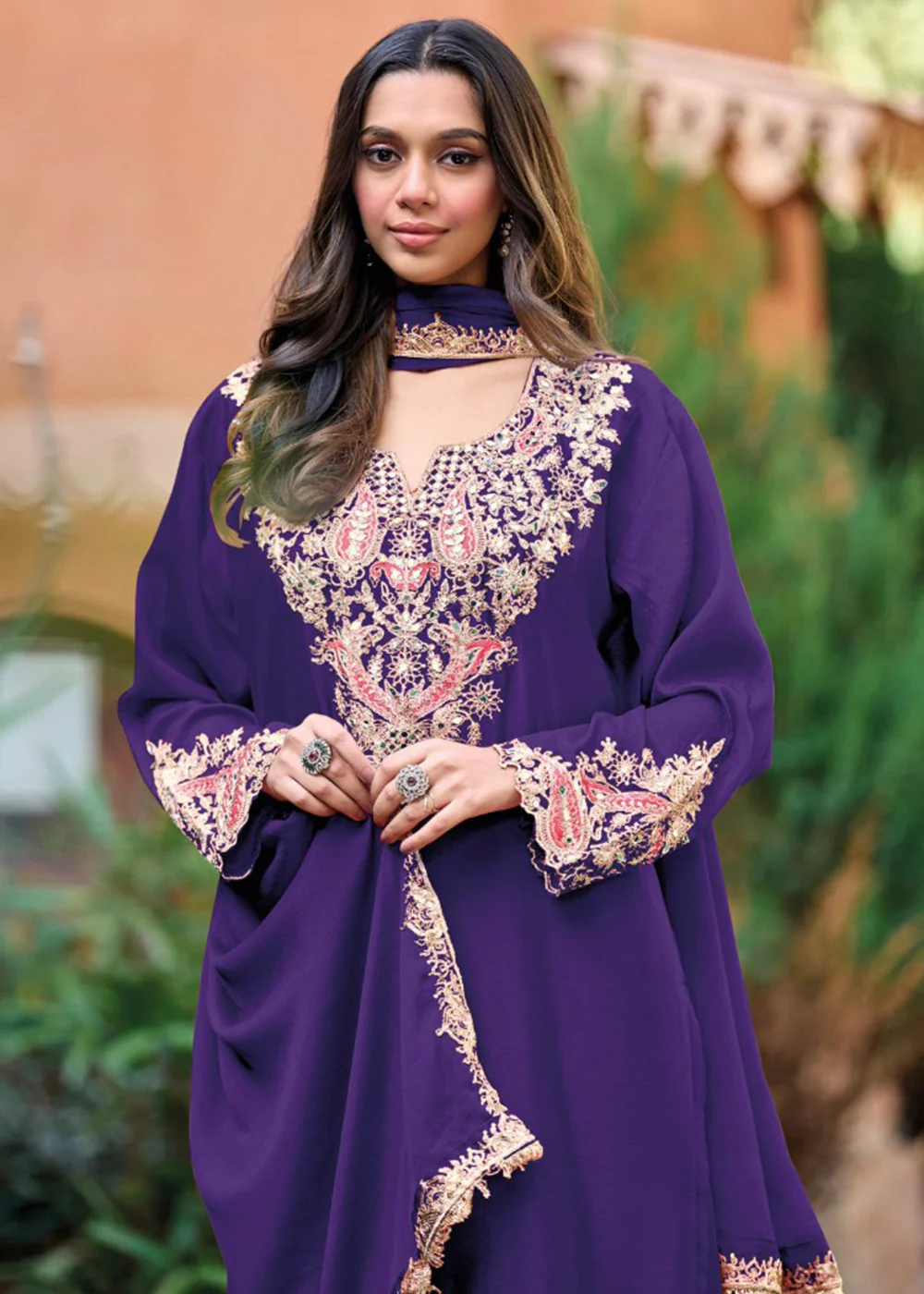 Violet Purple Embroidered Chinnon Palazzo Suit - Image 3