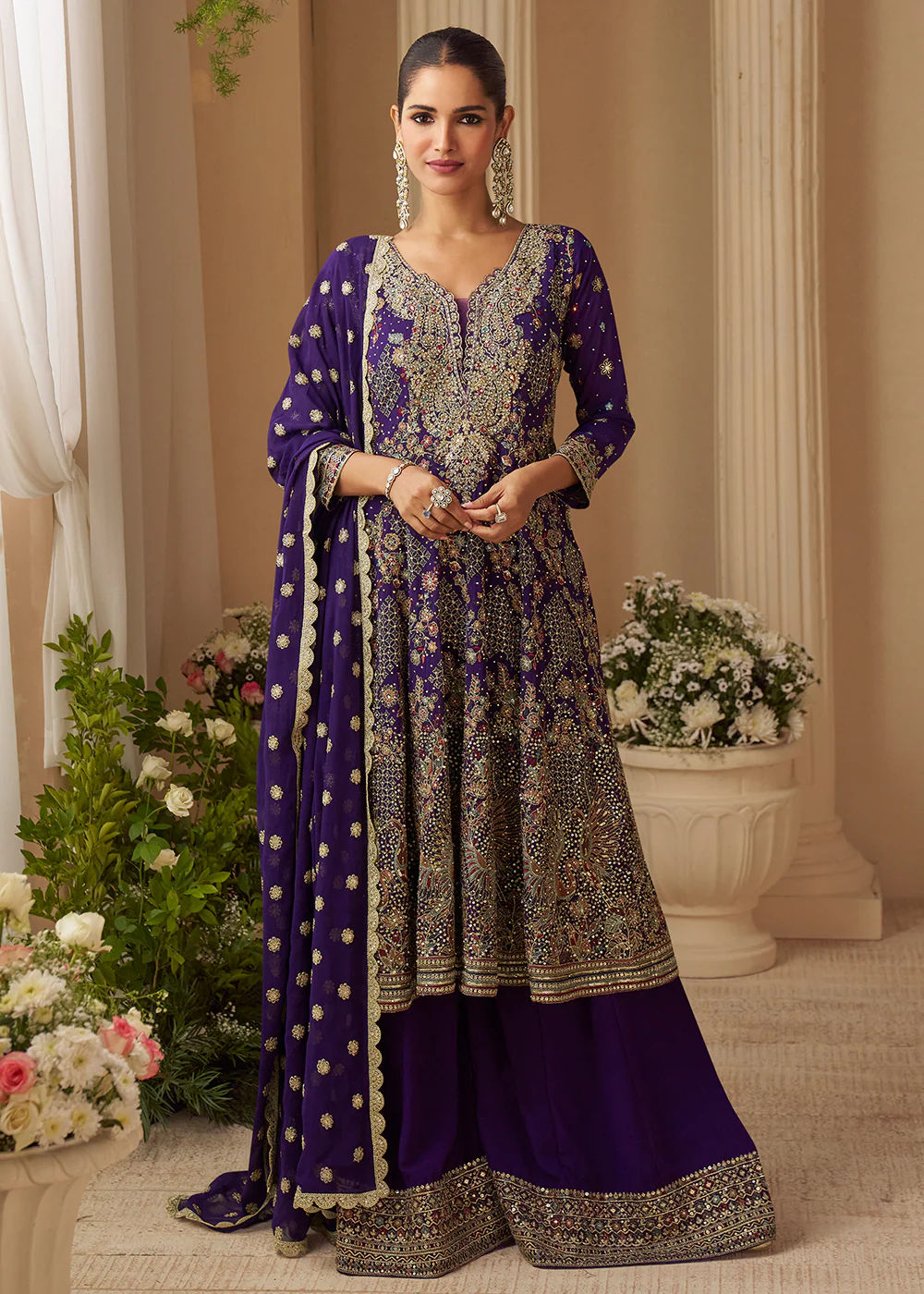 Violet Purple Embroidered Function Wear Palazzo Suit