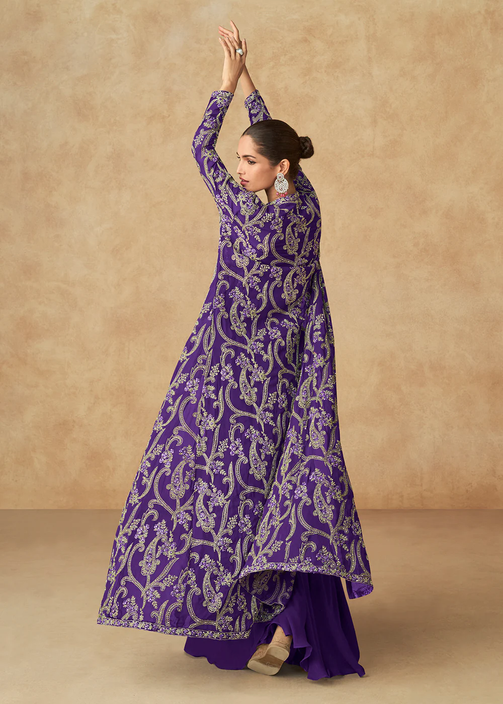 Violet Purple Embroidered Jacket Style Palazzo Suit - Image 3