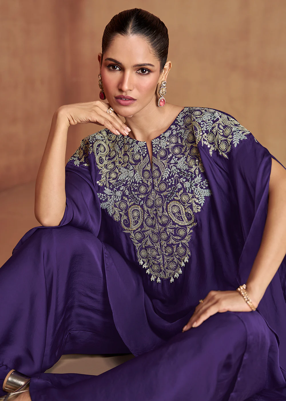 Violet Purple Embroidered Kaftan Style Palazzo Suit - Image 2