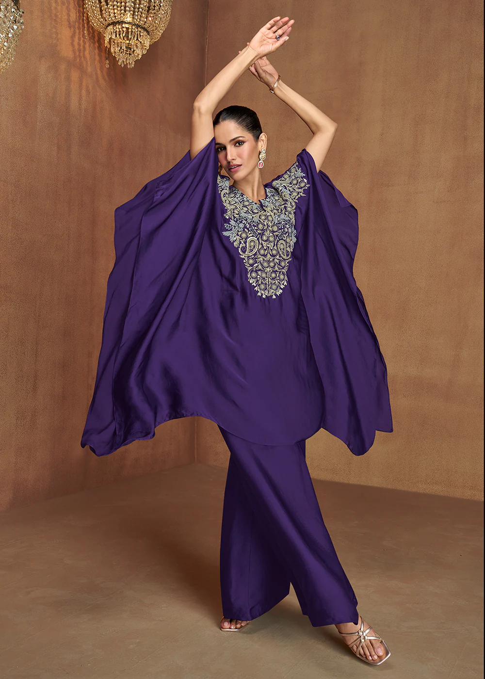 Violet Purple Embroidered Kaftan Style Palazzo Suit - Image 3
