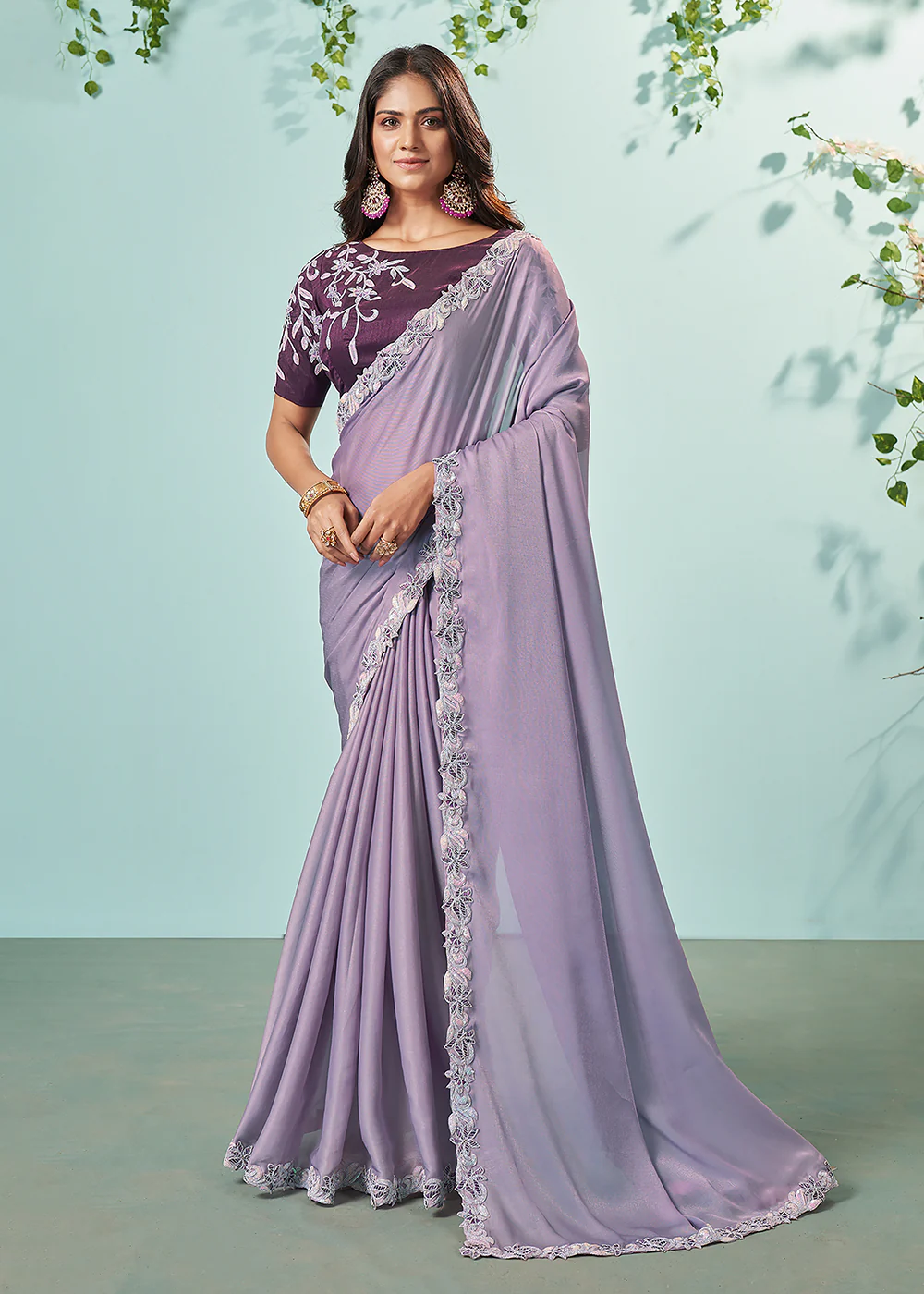 Violet Purple Organza Silk Embroidered Designer Saree
