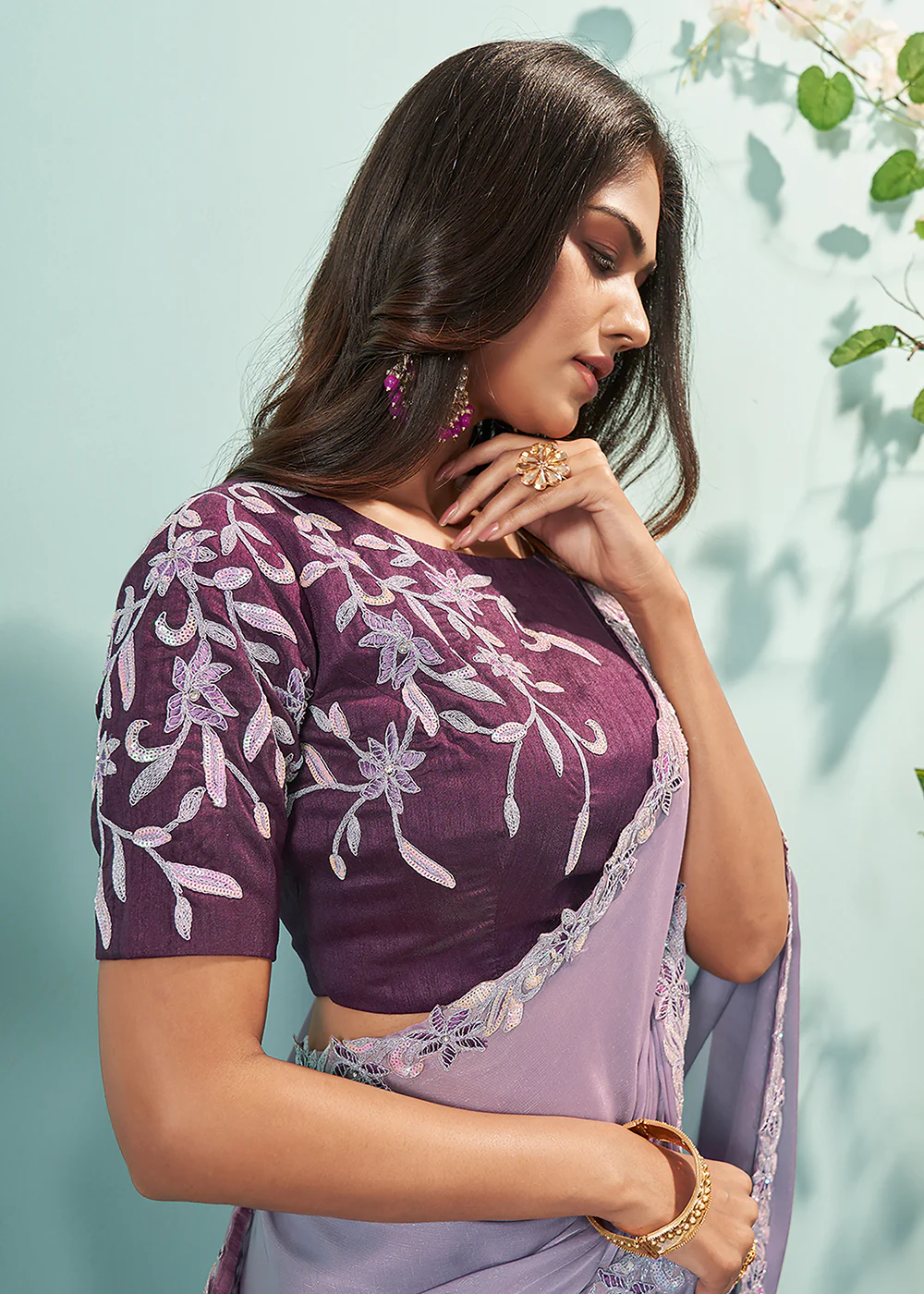 Violet Purple Organza Silk Embroidered Designer Saree - Image 2